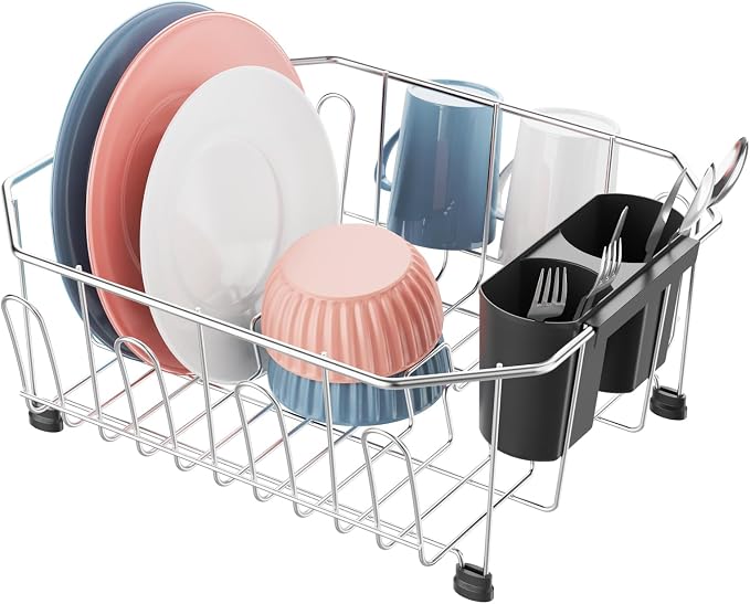 Small in Sink Dish Drying Rack - Stainless Steel for RV Kitchen | Compact Design for Apartments, 1-2 Person, Utensil Holder, Cup Hooks, Angled Corners Fit Square & Round Sinks, 11.6" x 13.4"