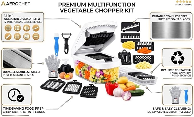 18-in-1 Vegetable Chopper Set, Food Dicer & Mandoline Slicer with Container, Onion Cutter, Stainless Steel Blades, BPA-Free, Dishwasher Safe Kitchen Vegetable Cutter