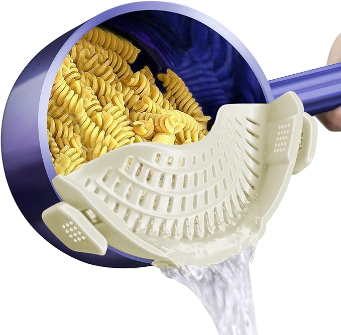 AUOON Pasta Strainer Clip on Silicone, Standard 8.86 x 3.55 in, White | BPA-free, Fits All Pots Pans Bowls, Dishwasher Safe, for Meat Noodles Vegetable Fruits, Space-saving Kitchen Gadget