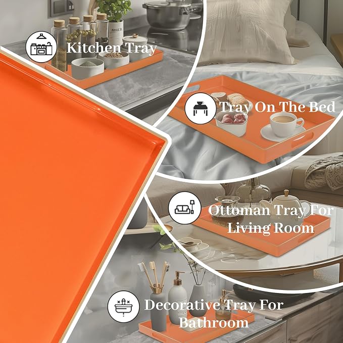 Orange Decorative Tray for Coffee Table, Serving Tray with Handles | Plastic Melamine Tray, Modern Ottoman Tray, Rectangular Countertop Organizer Tray for Living Room, 15.8"L x 10.2"W x 1.4"H