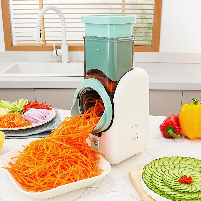 Electric Rotary Automatic Cheese Grater Slicer 6 Stainless Steel Blades | One-Touch Control Shred Cheese Slice Veggies & Grind Nuts, Practical Kitchen Cooking Gadget - White