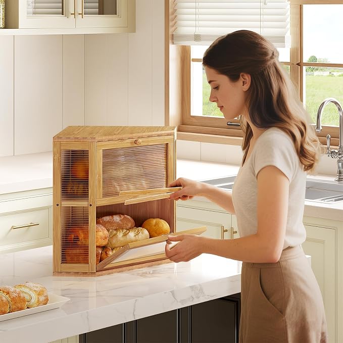 WOWLIVE Double Layer Corner Bread Box for Kitchen Countertop with 2 Doors | Bamboo Bread Storage Container, Large Farmhouse Breadbox with Acrylic Wavy Door, Under Cabinet Organizer, Natural, Medium