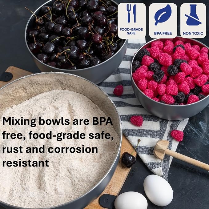 Stainless Steel Mixing Bowls Set, 3-Piece with Silicone Base | 1.5, 3 & 5 Qt Metal Bowls for Meal Prep, Baking, Cooking, Serving & Food Storage, Non-Slip Base, Dishwasher Safe, Grey