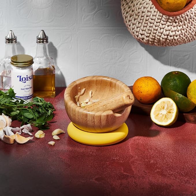 Loisa | Bamboo Mortar and Pestle with Silicone Base | 5.25" Mortar Bowl | Premium Latin Cooking Utensils | Yellow