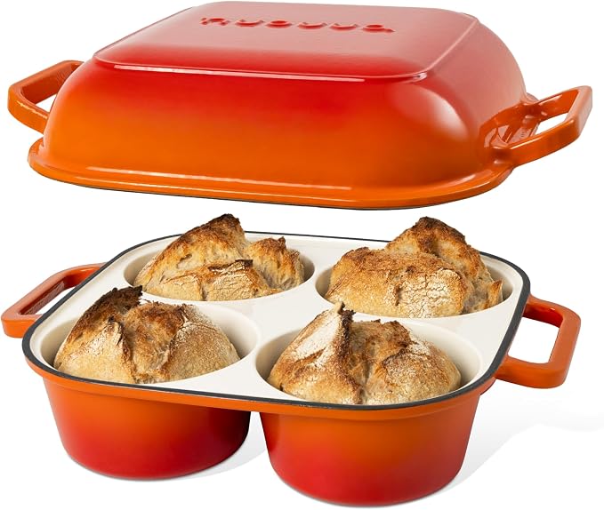 QuadPro Enamelled Cast Iron Bread Loaf Pot – Dutch Oven for Sourdough Bread Baking – 500°F Oven Safe Non Stick Bread Pot – 4 Round Loaf Spaces (4.90-inch Diameter), Orange – by Nuovva
