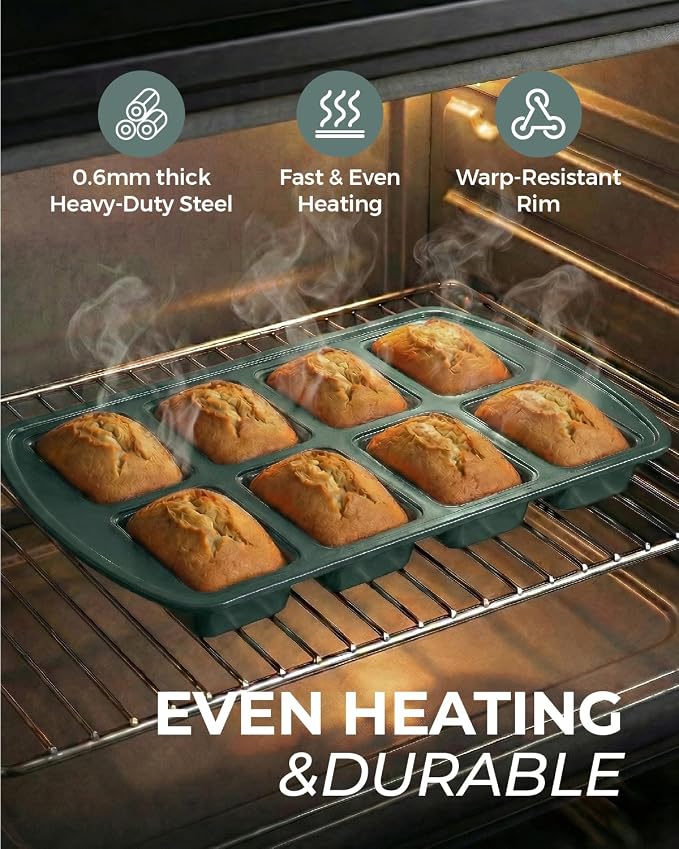 CARTMAN 2-Pack 8-Cavity Mini Loaf Pans, Carbon Steel Bread Pan Set, Green | Includes spatula & brush, 0.6mm carbon steel, nonstick release, for banana bread, mini meatloaf, ideal for keto & meal prep
