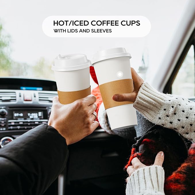 JOLLY PARTY [50 Pack] 20 oz Paper Coffee Cups, Disposable Paper Coffee Cup with Lids, Sleeves, and Stirrers, Hot/Cold Beverage Drinking Cup for Water, Juice or Tea, Suitable for Home, Shops and Cafes