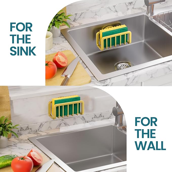 TAILI Rustproof Sponge Holder for Kitchen Sink with Suction Cup-Gold | Rustproof Aluminum Sink Caddy for Sponges, Brushes, Stoppers & Scrapers,Removable Ventilated Quick-dry Design, Holds Up 11lbs