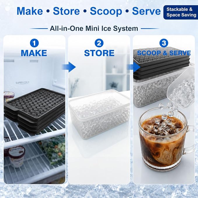 Mini Ice Cube Trays with Lid & Bin, Tiny Pebble Ice Balls for Coffee | Make 416 Mini Ice Balls with 4 Trays, Easy Release, Stackable, Scoop Included, for Iced Coffee, Drinks and Daily Use