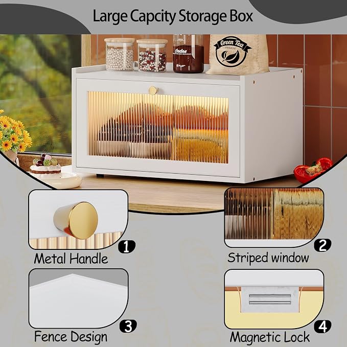 Trironsun Bamboo Bread Box with Led Light for Kitchen Counter Large Capacity Bread Storage Container Kitchen Countertop Organizer with Window Bread Holder (Whiite)