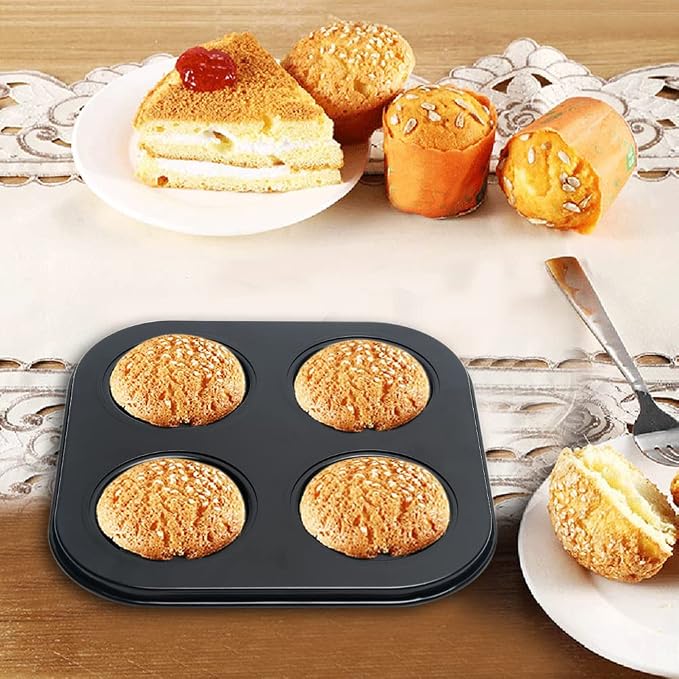 EKDJKK 4-Hole Muffin Pan, Bakeware Non-stick Cupcake Baking Pan Mini Pie Pans, Heavy Duty Carbon Steel Muffin Tray Standard Baking Mold Pan for Oven Baking