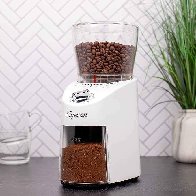 Capresso Infinity Plus Conical Burr Grinder, White | Commercial-grade steel burrs, 16 settings, low-speed gear motor