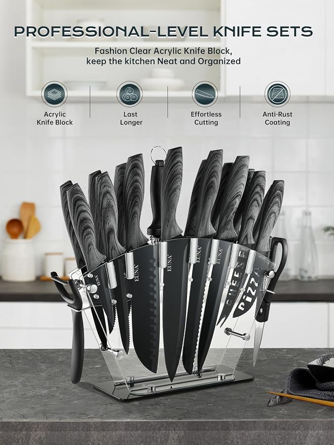 EUNA Knife Block Set, 19 PCS Kitchen Knife Set with Acrylic Block and Sharpener, German High-Carbon Stainless Steel Knife Sets with 6 Serrated Steak Knives, Bread Knife, Chef Knife, Dishwasher Safe