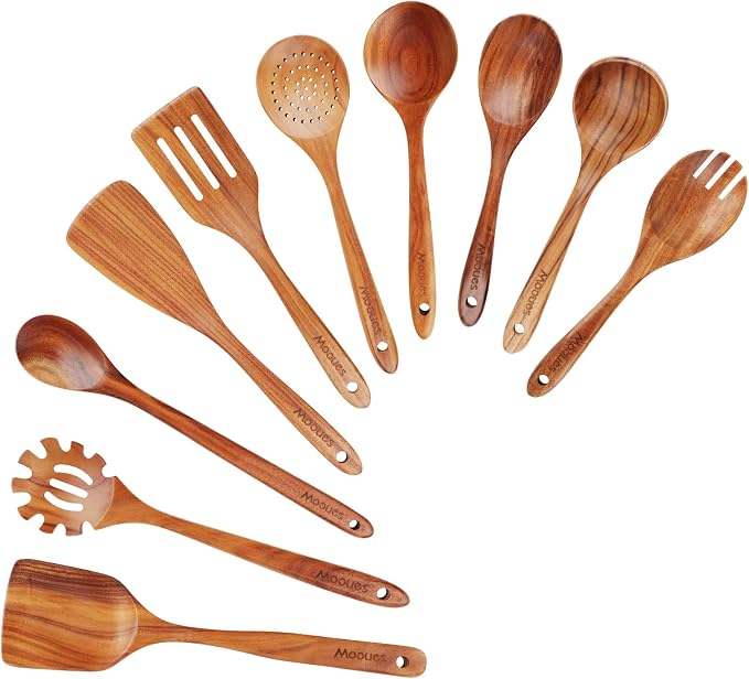 Mooues Wooden Spoons for Cooking, Wooden Utensils for Cooking Natural Teak Wooden Kitchen Utensils Set Comfort Grip (10 PCS SET) | Wooden Spoons for Cooking with Comfort Grip, Smooth Durable Heat Resistant Cooking Spoons and Cooking Utensils for Cooking