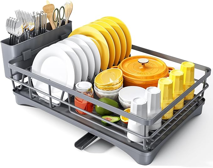 SNTD Dish Drying Rack for Kitchen Counter, 11.8" W x 16.7" L, Grey | Rustproof Stainless Steel, Large Capacity, Self-Draining Drainboard, Rotating Spout, Removable Utensil Holder
