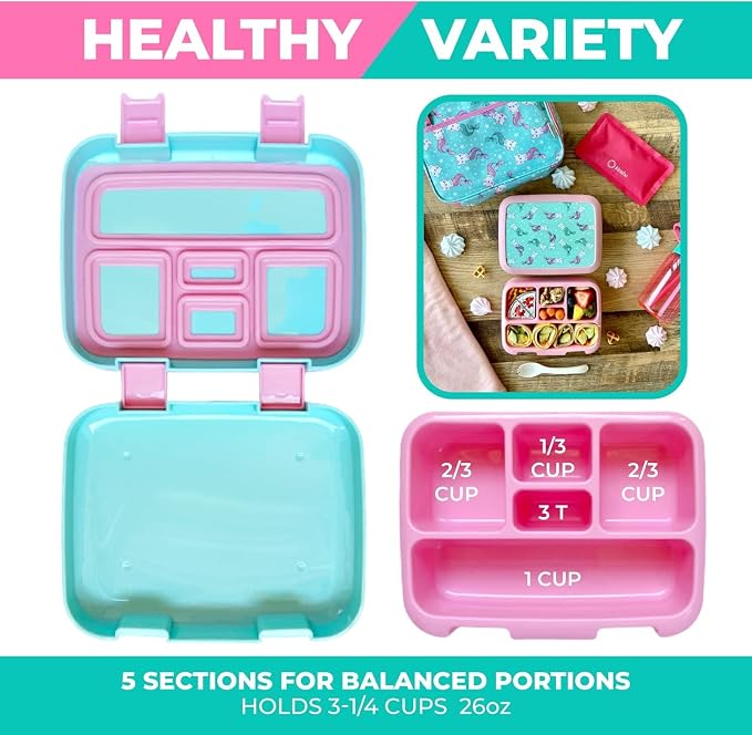 kinsho Bento Lunch Box Set with Thermo Bag & Ice Pack Pink Aqua Cat Mermaid | 5 Compartments, Removable Tray, Small Meal Snack Container for Kids Toddlers, Daycare Pre-School Kindergarten, Steel Food Jar