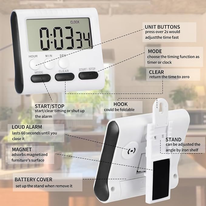 Mudder 6 Pack Digital Kitchen Timer for Cooking, Large Digits, 24 Hour Magnetic Backing Stand Kitchen Timers Clock for Classroom Kids Teachers, Loud Alarm and Large Screen (Black)