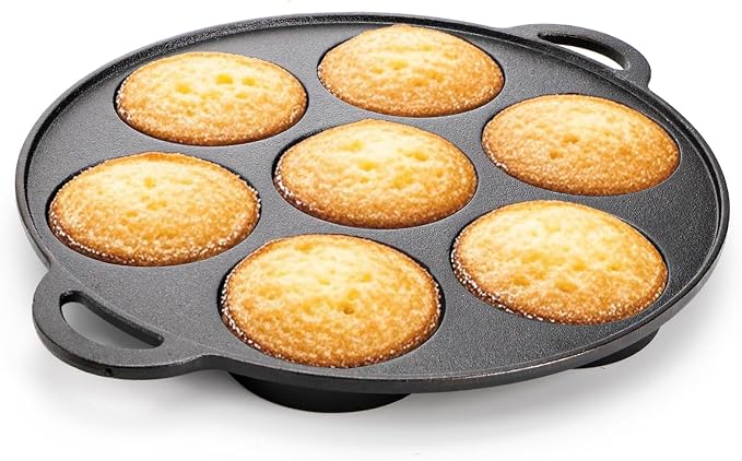 Hiceeden Cast Iron Muffin Pan, 7 Impressions Biscuit Pan with Handle, Pancake Mini Cake Pan with Spreader and Shovel for Baking Dessert, Cupcake