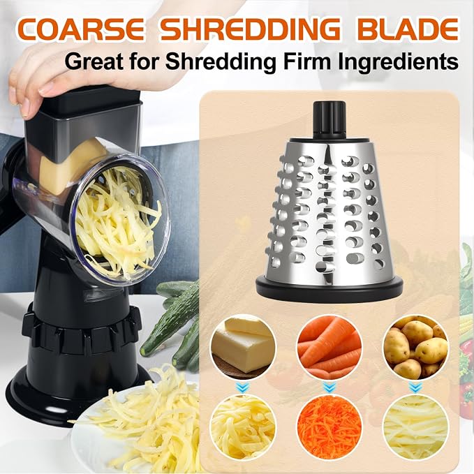 Rotary Cheese Grater Hand Crank, Vegetable Slicer with 3 Blades, Stable Suction, Labor-Saving Handle, Cheese Shredder for Potato Vegetables Nuts Chocolate, Black