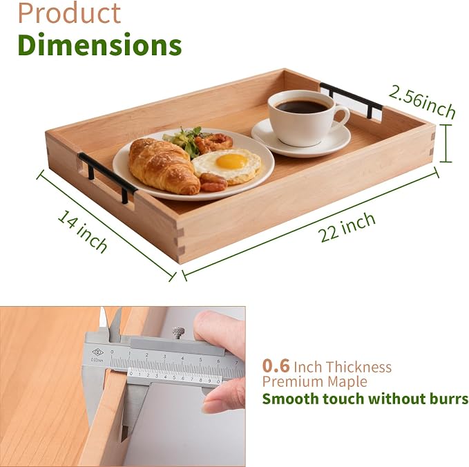 Large Ottoman Tray, 20"x14" Rectangular Trays for Big Ottoman, Maple Wooden Serving Tray with Metal Handles, Wood Serving Tray Counter Kitchen, Living Room Coffee Table Decor Organizer