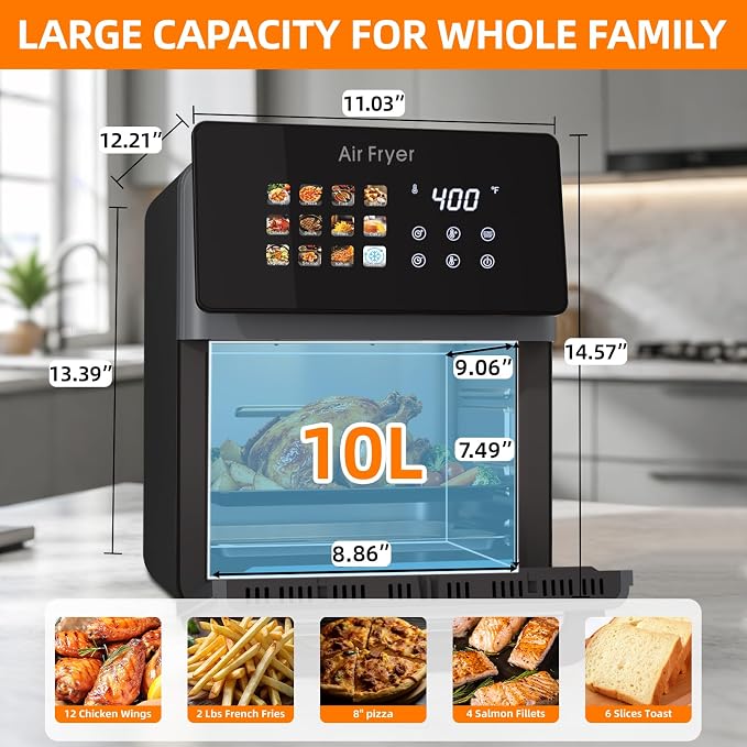 10 QT Black Air fryer Oven & Multifunctional Digital Rotisserie | Removable,Easy to clean,Glass,Visible window Dehydrator,Convection Oven,Touch Screen Presets Fry,LED Display,Roast,Bake，400F
