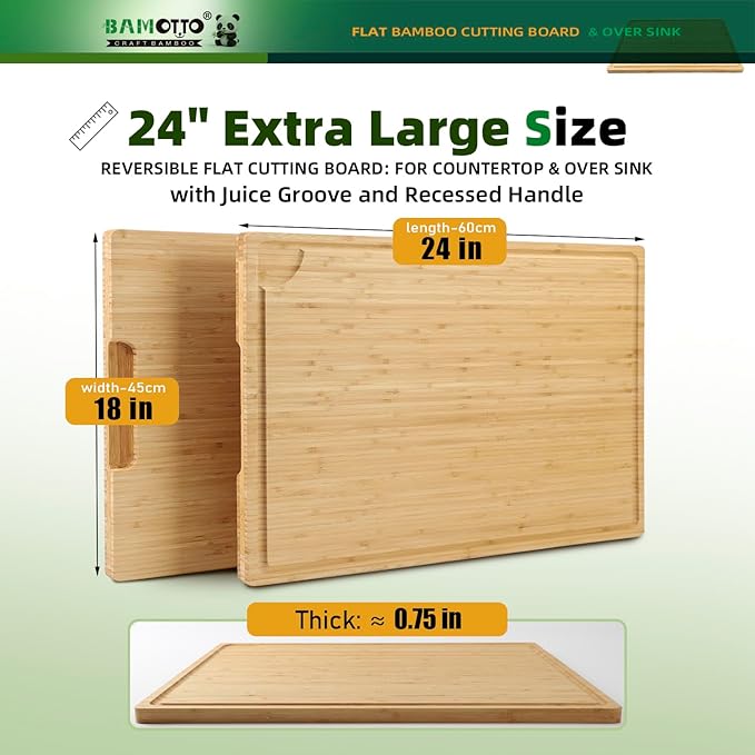 BAMOTTO CRAFTBAMBOO Extra Large Bamboo Cutting Board 24"x18" | Juice Groove | Handles | 100% Natural Bamboo Flat Board for Meat Carving, Charcuterie, Cheese Bread & Daily Kitchen Prep