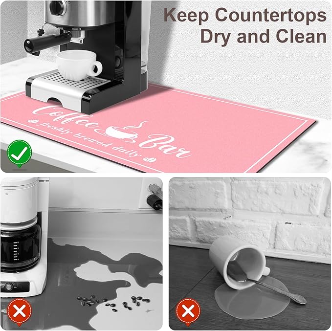 CooRug Fashion Coffee Mat, Dish Drying Mat 12" x 20" Pink | Hide Stain, Absorbent, Coffee Bar Accessories, Heat Resistant, Non-slip, Eco-friendly, Easy to Clean