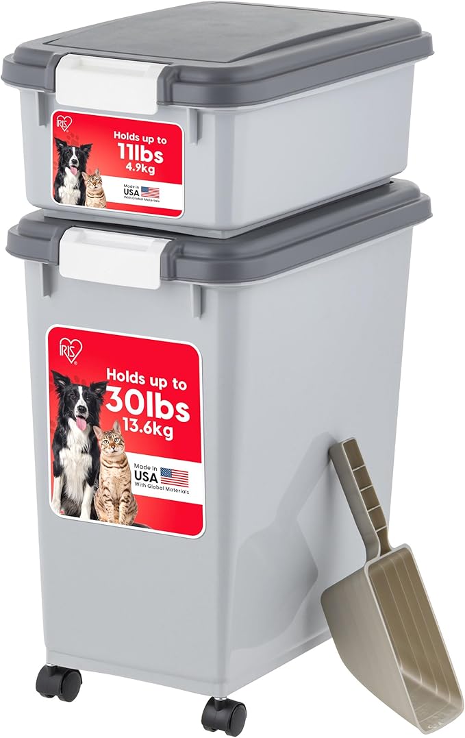 IRIS USA Dog Food Storage Container, Up to 30+11 lbs, Gray/Dark Gray | Made in the USA, Includes 2-Cup Scoop & Wheels, Airtight Seal, BPA-Free, Bird Seed, Cat food, Cat Litter, Treats, Toys