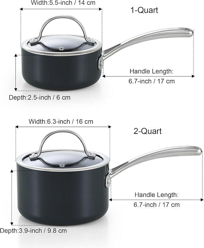 Cooks Standard Classic 1 Quart and 2 Quart Nonstick Saucepan Set with Glass Lids, Hard Anodized Non Stick Sauce Pans, Small Kitchen Cooking Sauce Pots Mini Milk Pans, Dishwasher Safe Cookware, Black
