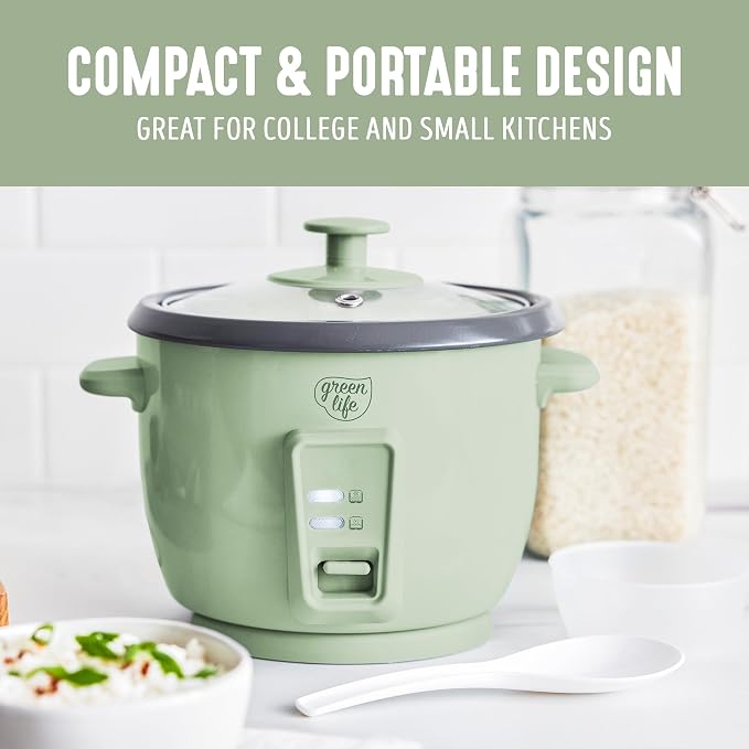 GreenLife Rice Cooker, 3-Cups Uncooked/6-Cups Cooked, Sage Green | PFAS-Free Ceramic Nonstick Removable Pot, One-Switch Design, Grains Multicooker, Keep Warm, Dishwasher Safe Parts, Easy Clean