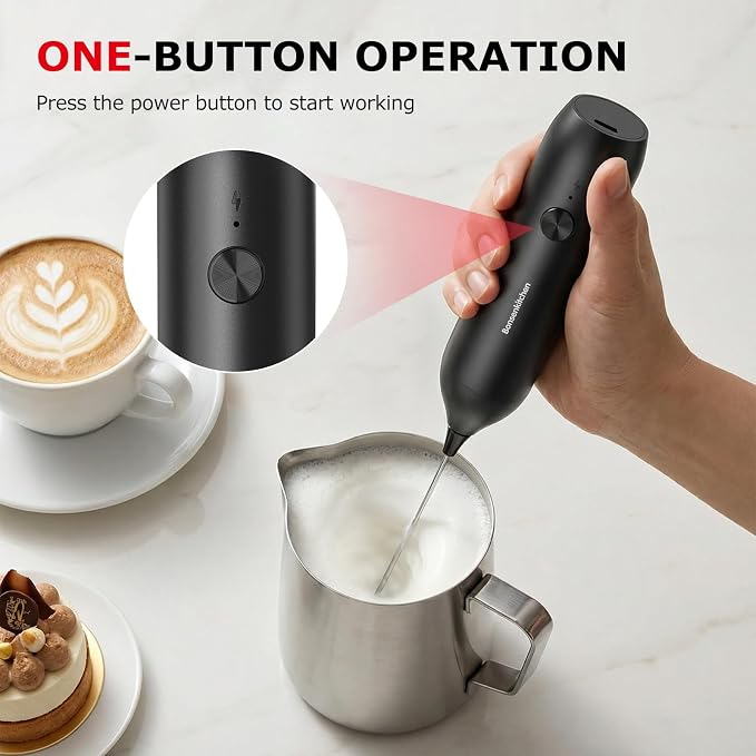 Bonsenkitchen Rechargeable Milk Frother Handheld, Charging USB-C | Electric Foam Maker with Stainless Steel Whisk, Portable Hand Wand Drink Mixer for Coffee Matcha Lattes Cappuccino