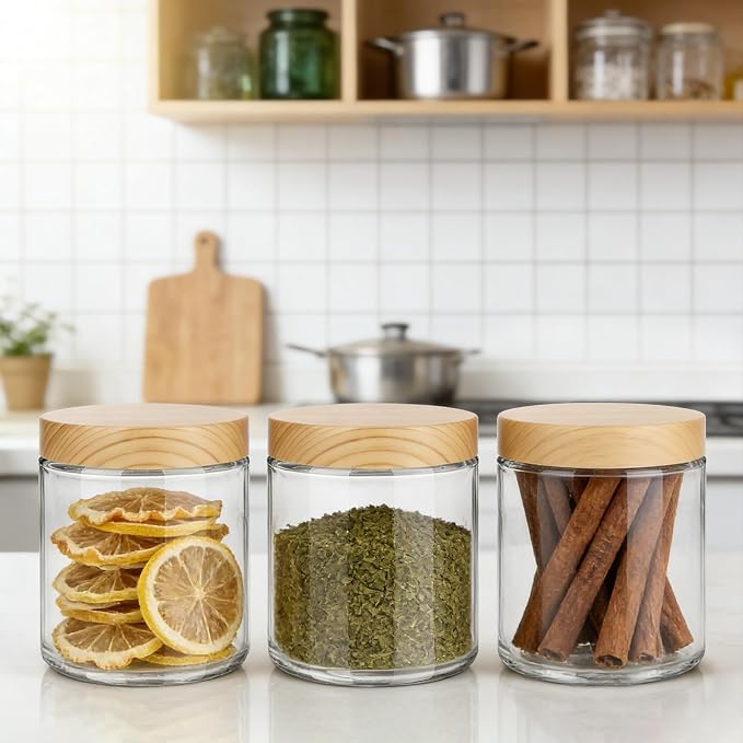 24 Pack 8 oz Clear Glass Jars with Lids, Empty Candle Making Containers | Refillable bulk empty body butter containers, plastic wood-grain lids; ideal for lotion, cream, body scrub, ointment, food