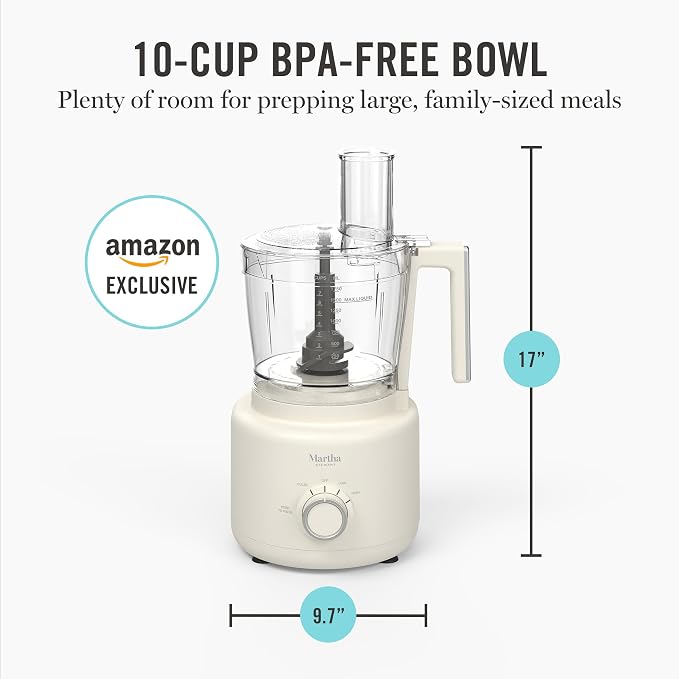 Martha Stewart 10 Cup Food Processor & Electric Chopper, One Touch Pulse | BPA-Free Bowl, 3 Multipurpose Blades, Easy Food Prep, Chop, Slice, Shred, Puree, Emulsify, Speed Dial, Wide Feed Chute, Cream