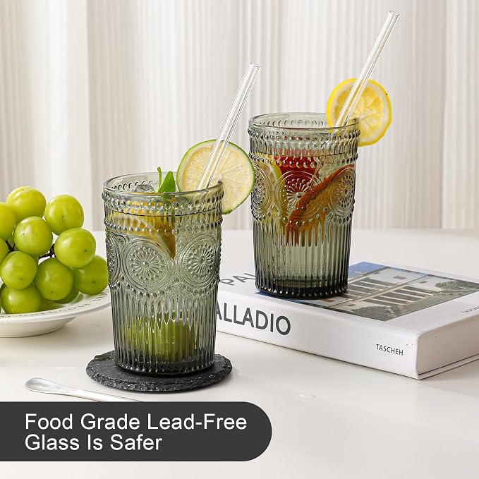 ZMOWIPDL Drinking Glasses Set of 6,13oz Flower Design Grey Glass Cups | Vintage Glassware,Textured Tumblers,Embossed Striped Drinkware for Water,Cocktails,Juice,Iced Coffee