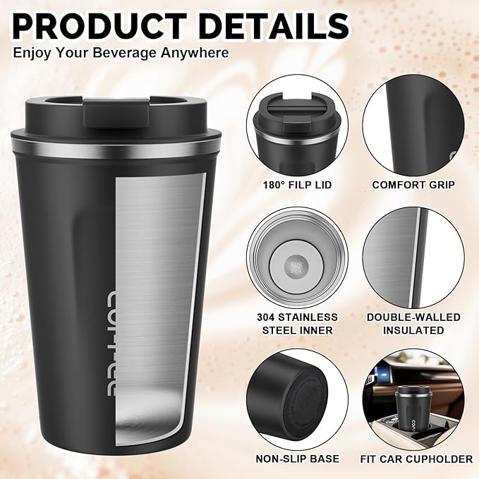 MOMSIV 12oz Travel Coffee Mug, Insulated Coffee Cup with Leakproof Lid | 6-Hour Heat Retention, 360°Leak proof, Vacuum Stainless Steel Double Walled, BPA-free, Reusable And To Go Coffee Mug