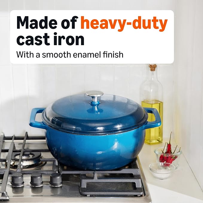 Amazon Basics Enameled Cast Iron Dutch Oven Pot with Lid, Round, Dual Handles, Heavy-Duty, Oven Safe for Stews, Roasting, Baking, 6-Quart, Blue