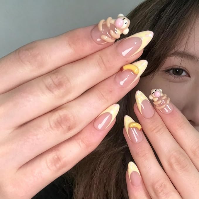 Handmade Press on Nails Thick Medium Almond False Nails with Monkey Shape Designs Muti-Layer Gel False Nail Full Cover Polka Dot French Tip Hand Made Acrylic Nails for Women (M)