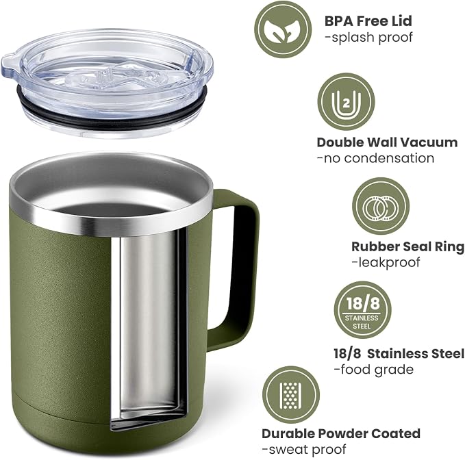 MEWAY 12oz Coffee Mug With Handle 2 Pack Bulk,Stainless Steel Insulated Travel Tumblers With Sliding Lid,Double Wall Vacuum Camping Cup for Hot & Cold Drinks Tea (Army Green,Set of 2)