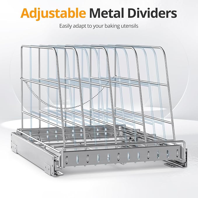 NestSprout Pull Out Cabinet Organizer for Cutting Board, Cookie Sheet, Baking Sheet, Stainless Steel Sliding Rack for Bakeware & Trays, Heavy-Duty Cutting Board Organizer 12.9”W x 16.5”D | Stainless Steel Sliding Rack for Bakeware & Trays, Heavy-Duty C...