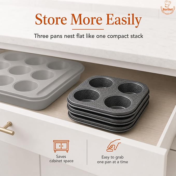 4-Cup Muffin Pan, Air Fryer Toaster Oven Muffin Tin Total 12 Cups | Nonstick Granite Coating Carbon Steel Cupcake Pan Set, Easy Release, Nests Flat for Storage, 3-Pack Muffin Baking Pan
