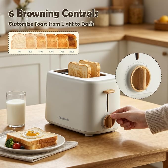 2 Slice Retro Toaster with Anti-dust Cover, 6 Browning Settings, Extra Wide Slots for Bagel & English Muffin, Removable Crumb Tray, Mini Household Bread Toaster