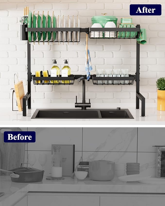 Kitsure Adjustable Over The Sink Dish Drying Rack, 26.8" -33.9"x21.5" | Sink Drying Rack for Kitchen Sink, Dish Rack Over Sink with Cutlery & Utensil Holders, Kitchen Storage, Black