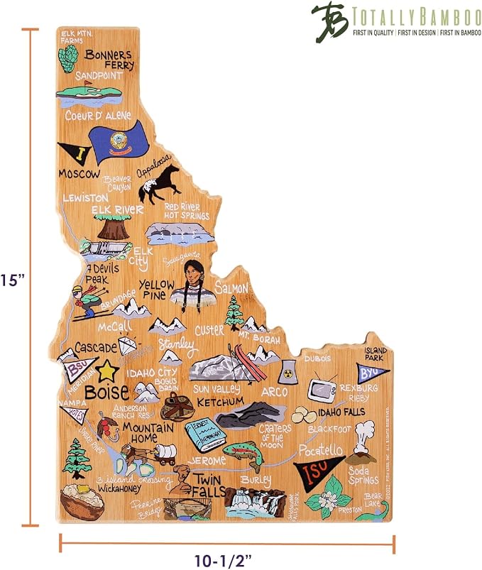 Totally Bamboo Idaho State Shaped Cutting Board, Art by Fish Kiss | State charcuterie board with colorful hand-drawn map artwork. Smooth reverse side for food prep. Hang tie for wall display.