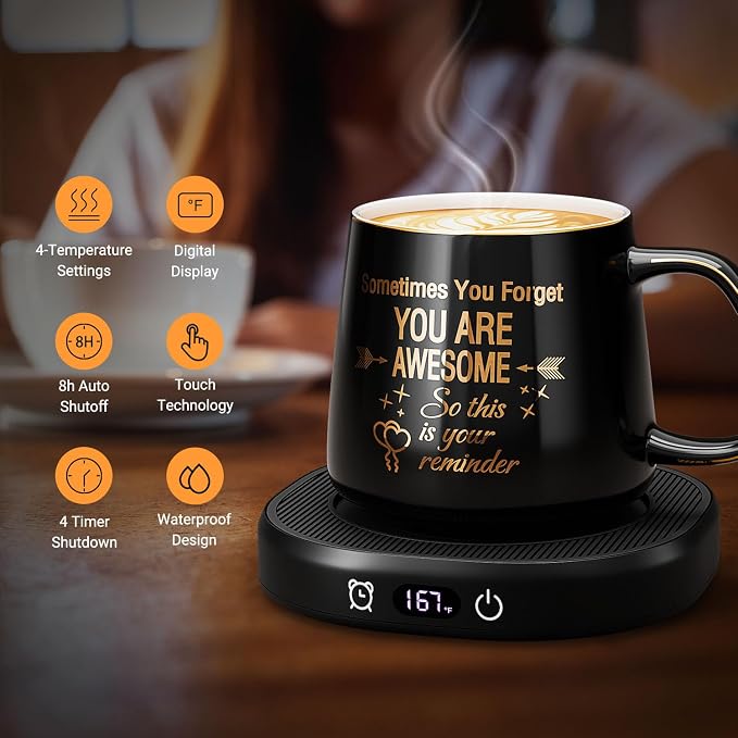 Coffee Mug Warmer & You are Awesome Mug Set, Electric Cup Warmer for Desk | Beverage Warmer Plate for Coffee, Tea, 4 Temperature Setting, 8-Hours Auto Shut Off, 14oz Mug with Spoon & Lid Included