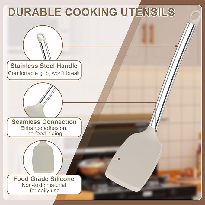 Vayvnt 4PCS Silicone Kitchen Cooking Utensils Set for Nonstick Pan, Khaki | Slotted Solid Turner Spoon, Stainless Steel Handle, Heat Resistant Up to 480℉, Non-toxic, Odorless, Dishwasher Safe