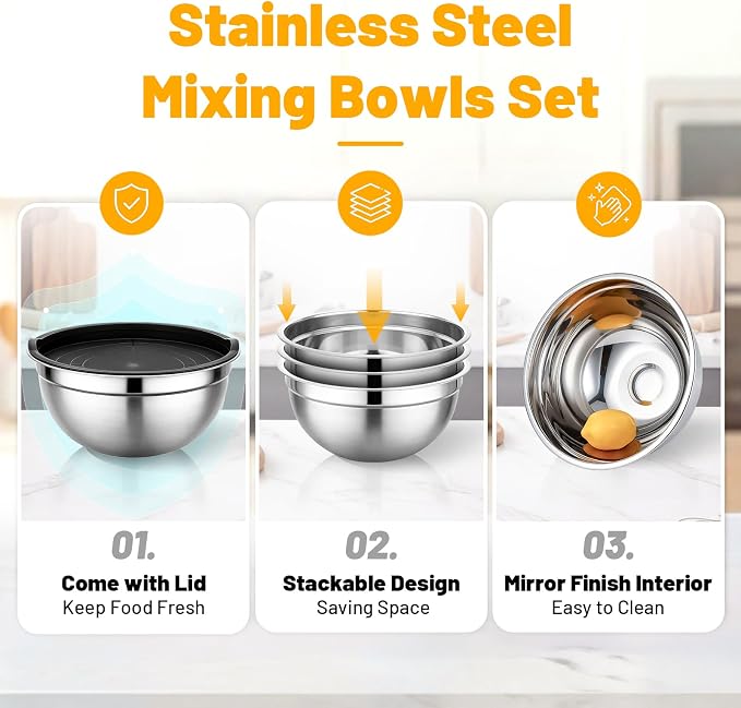 Beasea Mixing Bowls with Lids, 3 Pack 3.4 QT Kitchen Stainless Steel Mixing Bowls with Lids, Metal Nesting Set for Baking, Prepping, Serving, Salad and Food Storage