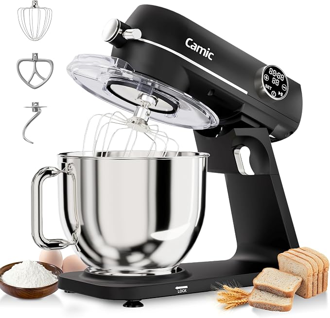 8.45 QT All Metal Stand Mixer,10 Speed Large Capacity Kitchen Mixer with Digital Timer & Tilt-Head, Electric Mixer with Whisk Dough Hook Mixing Beater for Baking,Cakes,Cookie,Bread,Salad (Black)