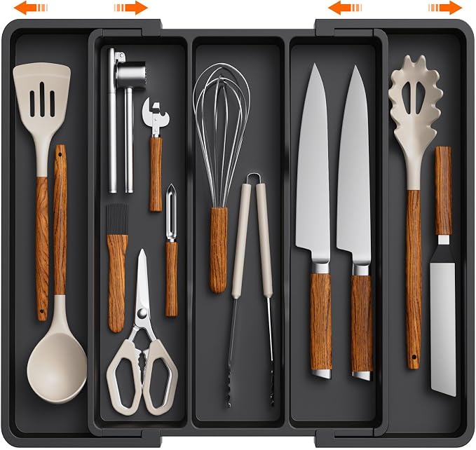 Lifewit Utensil Organizer for Kitchen Drawers, Expandable Cooking Utensil Tray, Adjustable Cutlery Silverware Flatware Holder, Plastic Spatula Tools Storage Divider, 13-22 x 15", Black