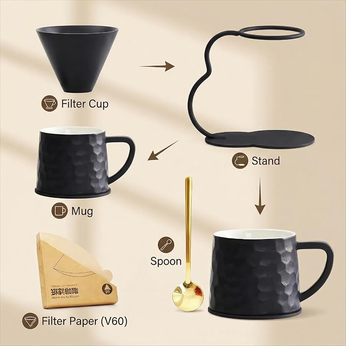 Pour Over Coffee Maker set,Ceramic Coffee Maker With V60 40 pcs Paper Filter，Metal Stand 9oz 270ml mug Pour Over Coffee Dripper Black