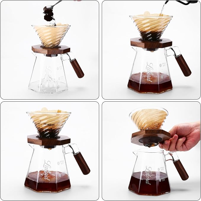 Lalord Pour Over Coffee Maker, 600ml/20oz Borosilicate Glass Set, 100 Paper Filters, Walnut Collar & Glass Lid, 1-3 Cups, Clear (B-600ml Set)